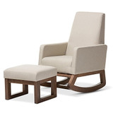 Baxton Studio Yashiya Mid Century Retro Modern Fabric Upholstered Rocking Chair and Ottoman Set, Light Beige