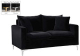 Meridian Furniture Naomi Collection Modern | Contemporary Velvet Upholstered Loveseat with Stainless Steel Base in Rich Gold or Chrome Finish, Black, 58" W x 33.5" D x 30" H