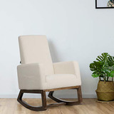 Giantex Upholstered Rocking Chair, Modern High Back Armchair, Comfortable Rocker Fabric Padded Seat Wood Base, Massage Rocking Chair for Nursery (Beige)