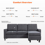 JY QAQA Convertible Sectional Sofa Couch with Reversible Chaise, L-Shaped Couch with Modern Linen Fabric for Small Space (Dark Grey)