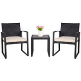 SUNLEI Outdoor 3-Piece Bistro Set Black Wicker Furniture-Two Chairs with Glass Coffee Table (Beige Cushion)