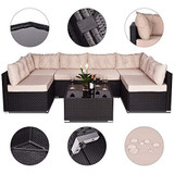 Amolife 7 Pieces Patio PE Rattan Sofa Set Outdoor Sectional Black Furniture Wicker Chair Conversation Set with Tan Cushions and Tea Table