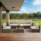 U-MAX 7 Piece Outdoor Patio Furniture Set, PE Rattan Wicker Sofa Set, Outdoor Sectional Furniture Chair Set with Cushions and Tea Table, Brown
