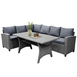 LZ LEISURE ZONE Patio Dining Table Set Outdoor Furniture PE Rattan Wicker Conversation Set All-Weather Sectional Sofa Set with Table & Soft Cushions (Grey)