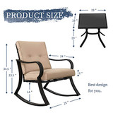Oakmont Outdoor Furniture 3 Piece Bistro Set Rocking Chairs and Glass Top Table, Thick Cushions, Black Steel (Beige)