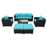Patio Wicker Furniture Set 6 Piece Outdoor PE Rattan Conversation Couch Sectional Chair Sofa Set with Turquoise Cushion