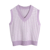 KPYTOMOA Women 2020 Fashion Oversized Houndstooth Knitted Vest Sweater Vintage Sleeveless Side Vents Female Waistcoat Chic Tops