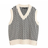 KPYTOMOA Women 2020 Fashion Oversized Houndstooth Knitted Vest Sweater Vintage Sleeveless Side Vents Female Waistcoat Chic Tops