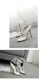 Women's High Heels Rhinestone Clear Strappy Buckle Transparent Stiletto Crystal Sandals Shoes