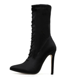 Women's Pointed Toe Stiletto Stretch Lace-up High Heel Ankle Boots