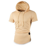 Slim Fit Men T-shirt Casual Solid Color Short Sleeve Hooded