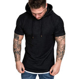 Slim Fit Men T-shirt Casual Solid Color Short Sleeve Hooded