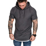 Slim Fit Men T-shirt Casual Solid Color Short Sleeve Hooded