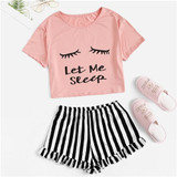Black Graphic Tee Frilled Striped Shorts PJ Round Neck Short Sleeve