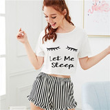Black Graphic Tee Frilled Striped Shorts PJ Round Neck Short Sleeve
