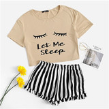 Black Graphic Tee Frilled Striped Shorts PJ Round Neck Short Sleeve