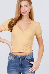 Short Puff Sleeve Surplice Neckline W/side Button Detail Rib Knit Top Short Puff Sleeve Surplice Neckline W/side Button Detail Rib Knit Top