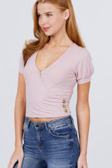 Short Puff Sleeve Surplice Neckline W/side Button Detail Rib Knit Top Short Puff Sleeve Surplice Neckline W/side Button Detail Rib Knit Top