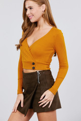 Long Sleeve Surplice Neck Line Button Detail Rib Knit Top