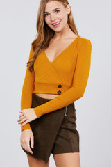 Long Sleeve Surplice Neck Line Button Detail Rib Knit Top