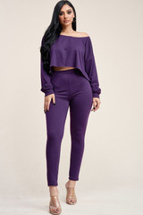 Solid French Terry Long Sleeve Slouchy Top And Leggings Two Piece Set