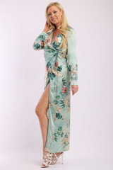 Floral Print, Wrapped, Kimono Style, Satin Dress With Long Sleeves