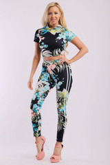 Leaf Print And Striped Side Contrast 2 Pieces Set