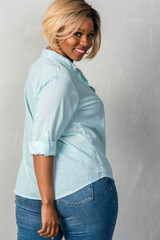 Ladies fashion plus size striped print button down closure long sleeves with roll sleeve top