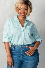 Ladies fashion plus size striped print button down closure long sleeves with roll sleeve top