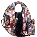 Magazine Print Rounded Handbag with Fringe Detail.Matching Wallet Set