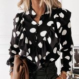 Black and White Polka Dot Business Casual Button Ruffle Blouse
