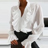 White V-Neck Print Ruffle Blouse