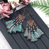 European and American Personality Geometric Triangle Fabric Line Spike Rice Bead Tassel Earrings