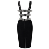 Pearl Beaded Embellished V Neck Sleeveless Cut Out Bodycon Bandage Dress Sexy Party Club Dress