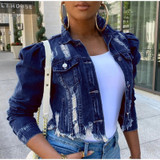 Autumn Women Sexy Ripped Denim Jackets 2020 Vintage Casual Short Jean Jacket Puff Sleeve Winter Female Coat Streetwear Plus Size