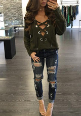 Straps Lace Up Deep V-neck Drop Shoulder T-shirt