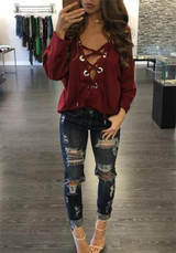 Straps Lace Up Deep V-neck Drop Shoulder T-shirt