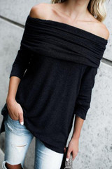 Off Shoulder Asymmetric Hem Plain T-Shirts