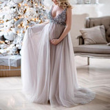 Maternity V-Neck Maxi Tulle Gown With Tonal Delicate Sequins