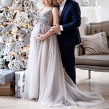 Maternity V-Neck Maxi Tulle Gown With Tonal Delicate Sequins