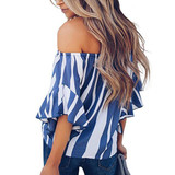One-shoulder Striped Trumpet Sleeve Chiffon Shirt