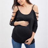 Maternity Open Shoulder Round Neck Hollow Out Plain T-Shirts