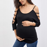 Maternity Open Shoulder Round Neck Hollow Out Plain T-Shirts