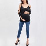 Maternity Open Shoulder Round Neck Hollow Out Plain T-Shirts