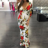 Maternity Deep V-Neck Printed Maxi Dress