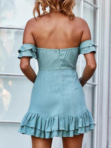 Green Off Shoulder Drawstring Front Ruffle Trim Mini Dress