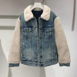 Color Block Patchwork Faux Fur Borg Sherpa Denim Jacket with Fur Collar