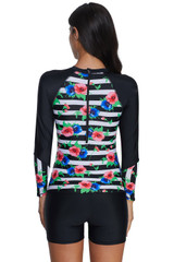 Striped Floral Patchwork Long Sleeve One-piece Swimsuit