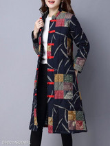 Band Collar Single Breasted Abstract Print Coat