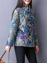 Band Collar Single Breasted Floral Coat